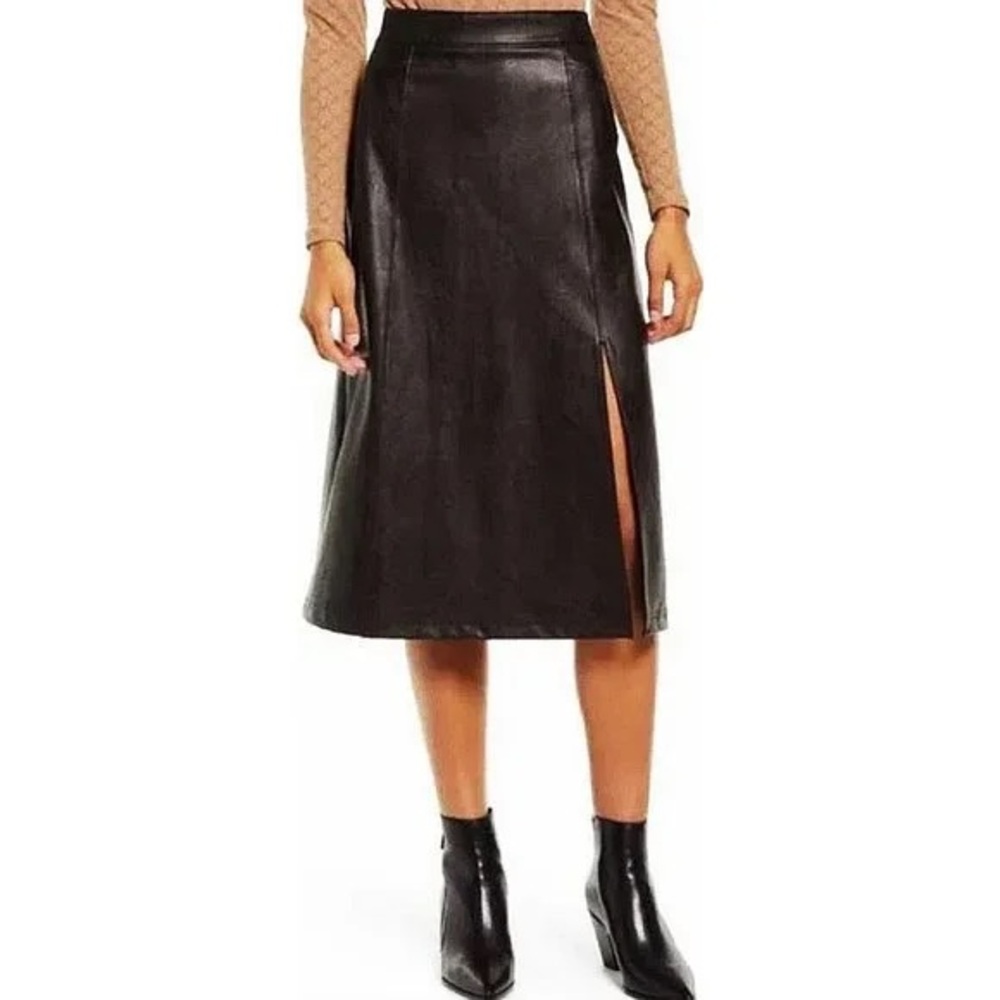 SPANX NWT Faux Leather Pull-On Black Midi Slit Skirt 20321R  Medium $148 Retail
